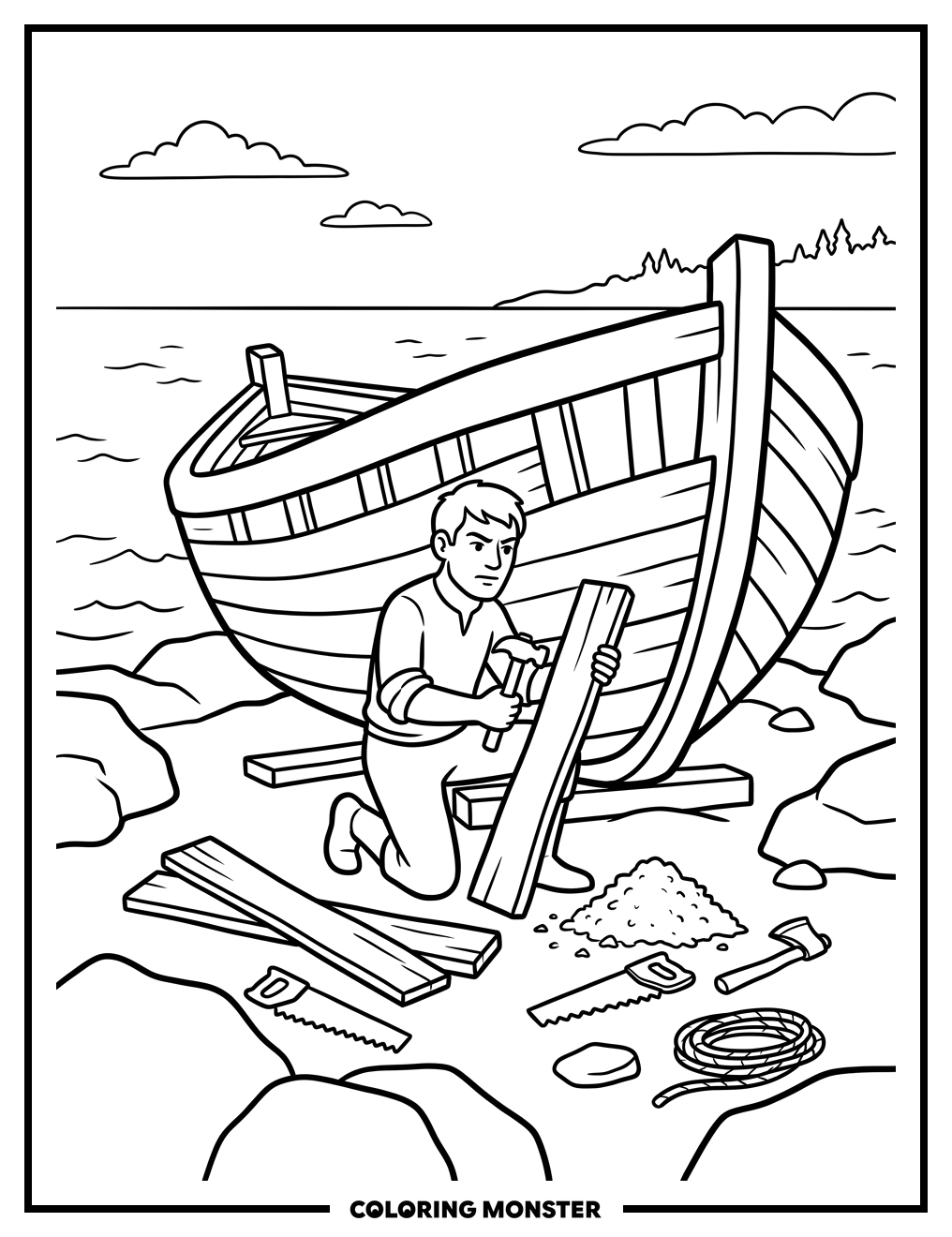 Man Building Boat by the Sea Coloring Page