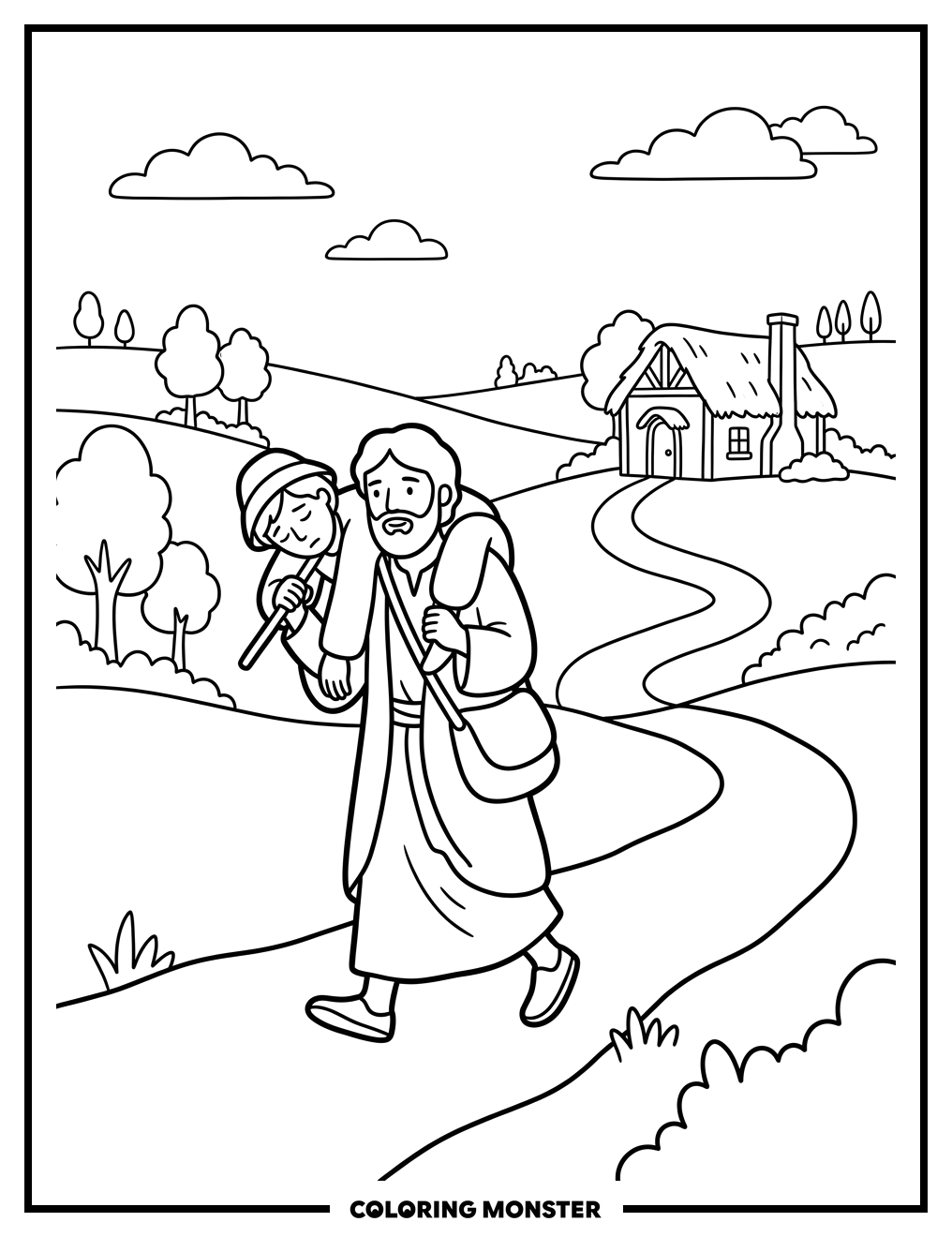 Man Carrying Traveler to Inn Coloring Page