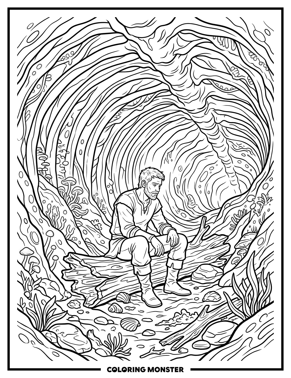 Man Contemplating Inside Whale's Belly Coloring Page