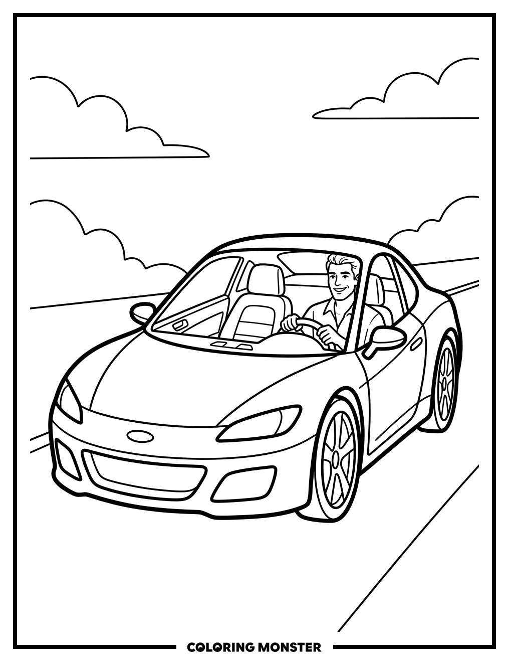 Man Driving a Sports Car Coloring Page