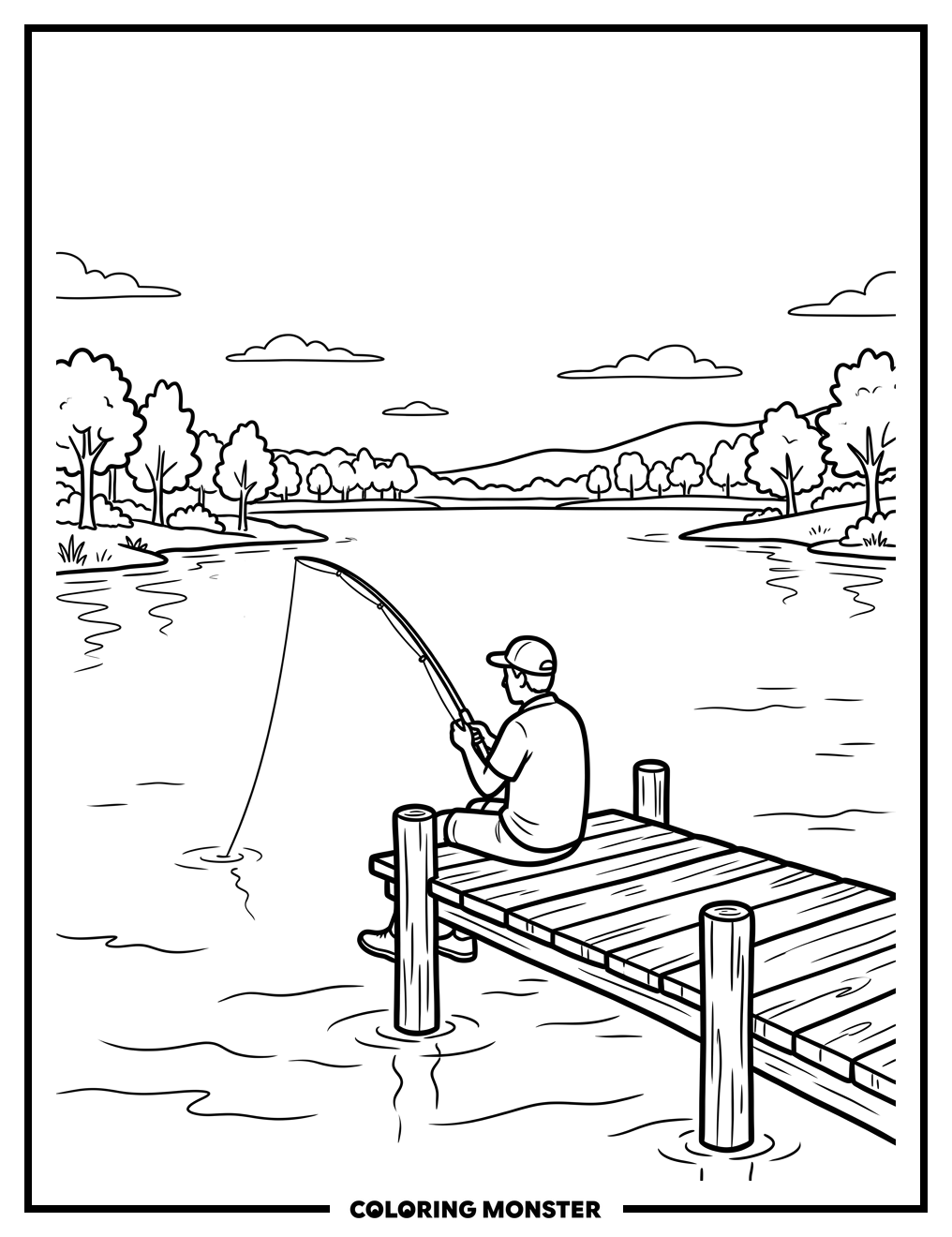 Man Fishing on a Dock Coloring Page