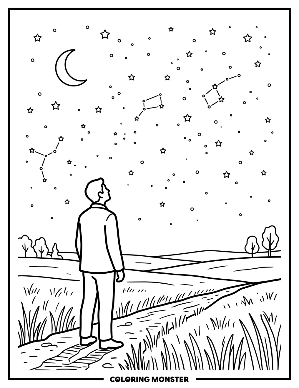 Man Gazing at Starry Night Sky Coloring Page