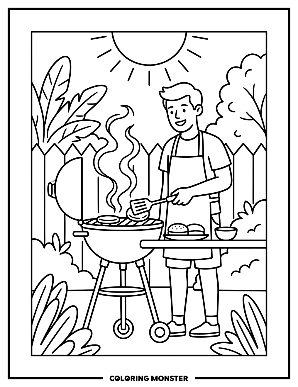 Man Grilling Burgers in Backyard Coloring Page