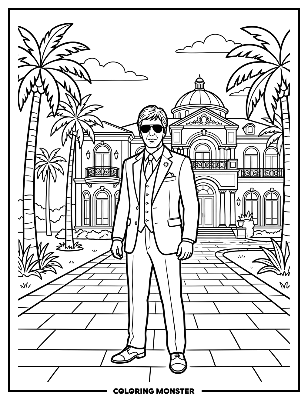 Man In Suit At Mansion Coloring Page