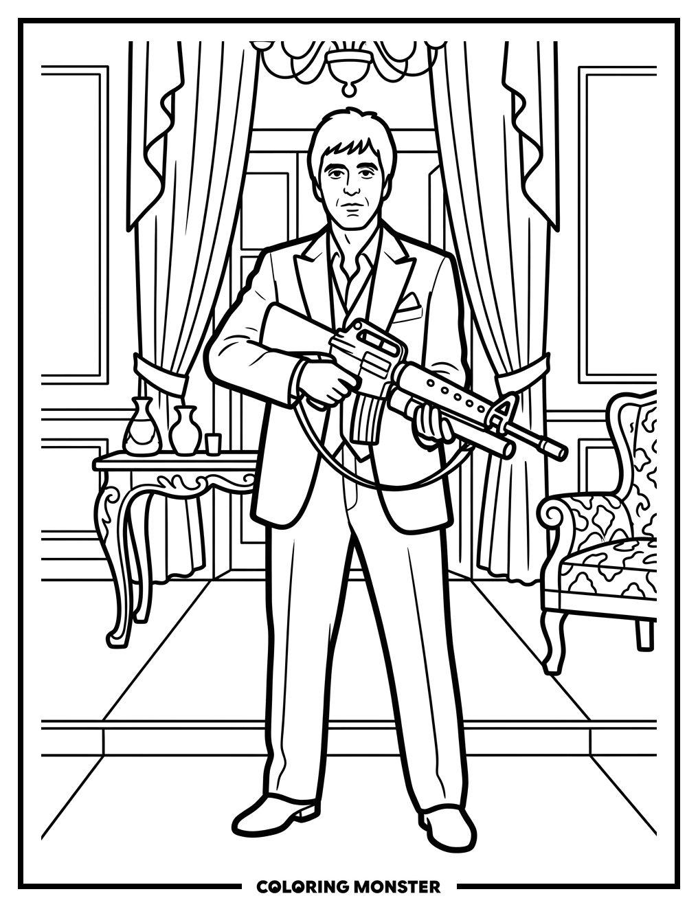 Man in White Suit Holding Rifle Coloring Page