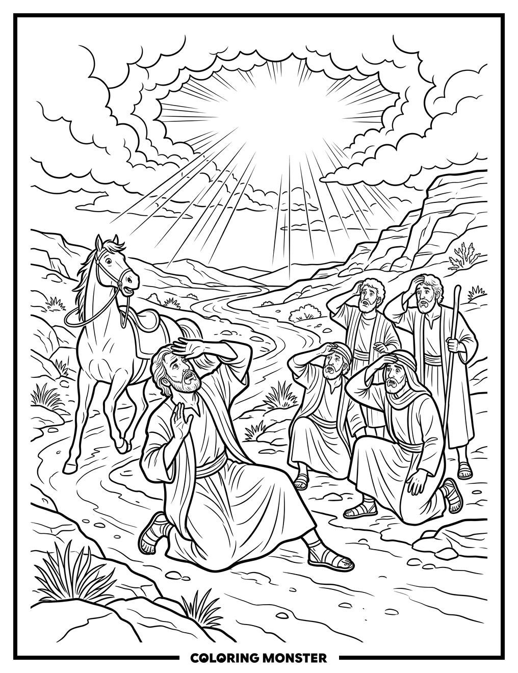 Man Kneels Before Divine Light on Dusty Road Coloring Page