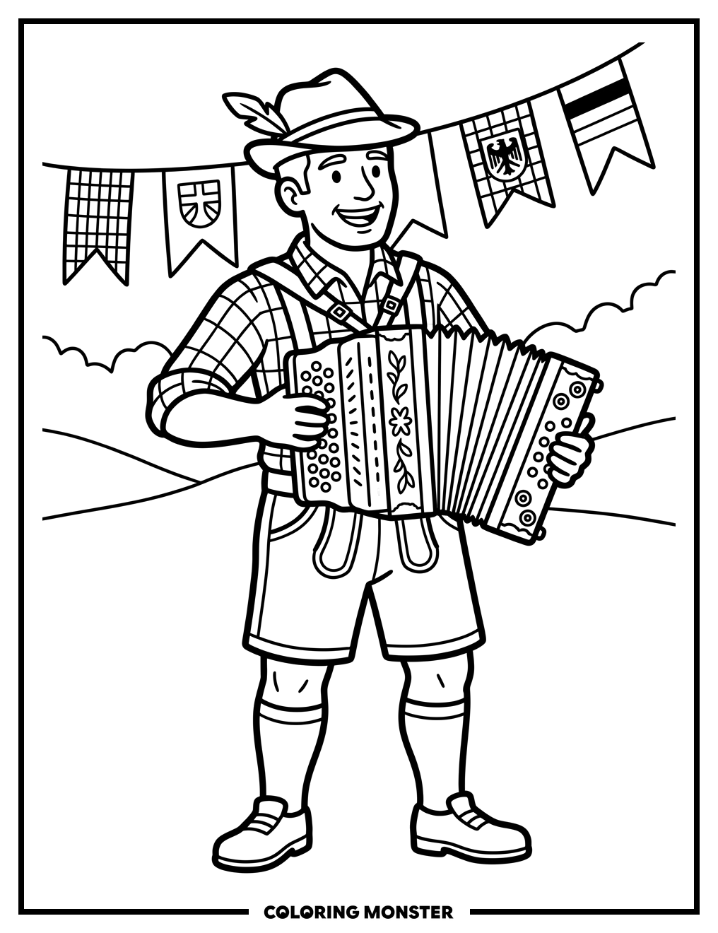 Man Playing Accordion in Lederhosen Coloring Page