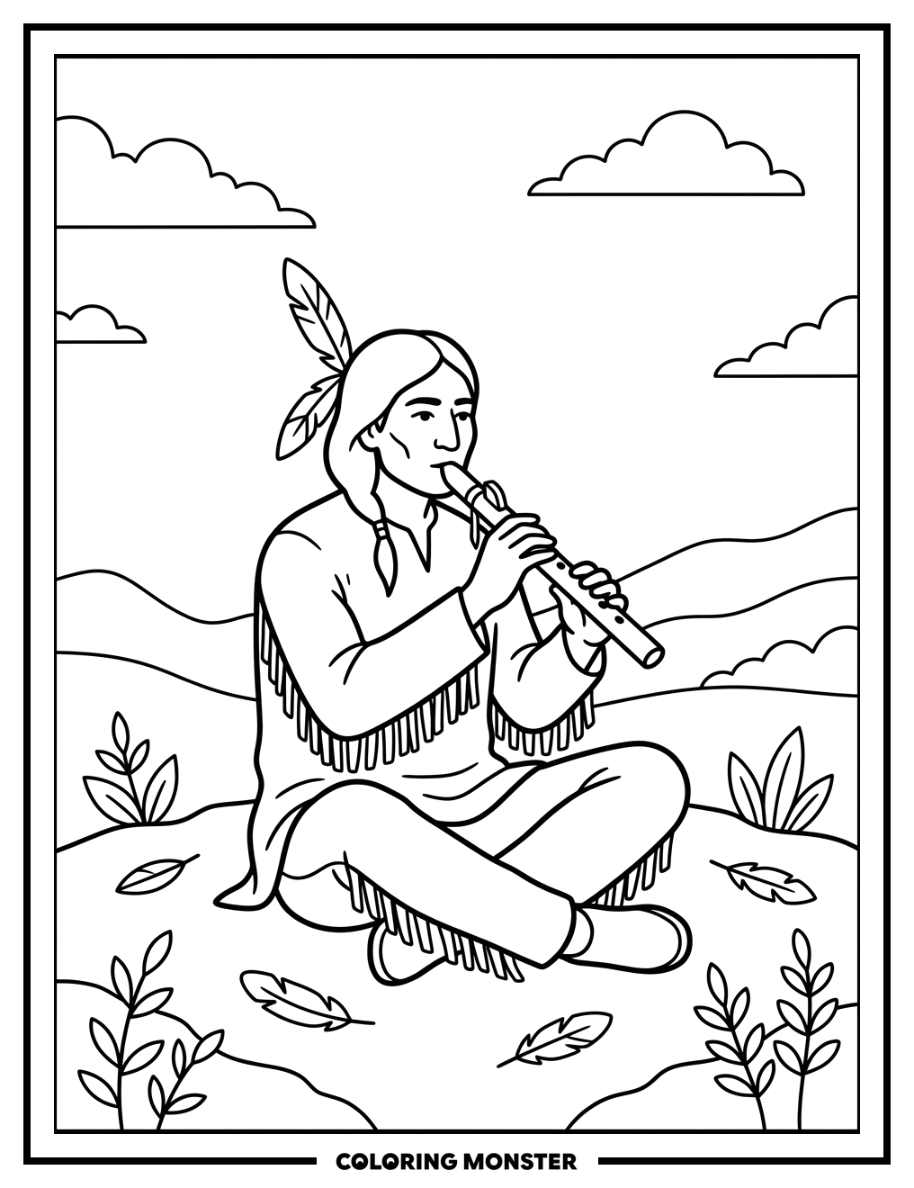 Man Playing Flute in Nature Coloring Page