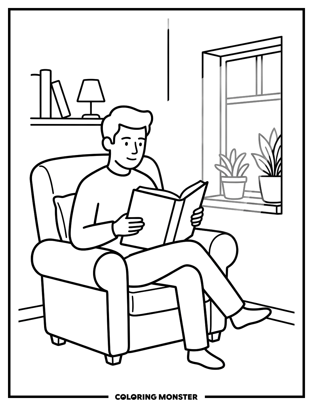 Man Reading in Armchair Coloring Page