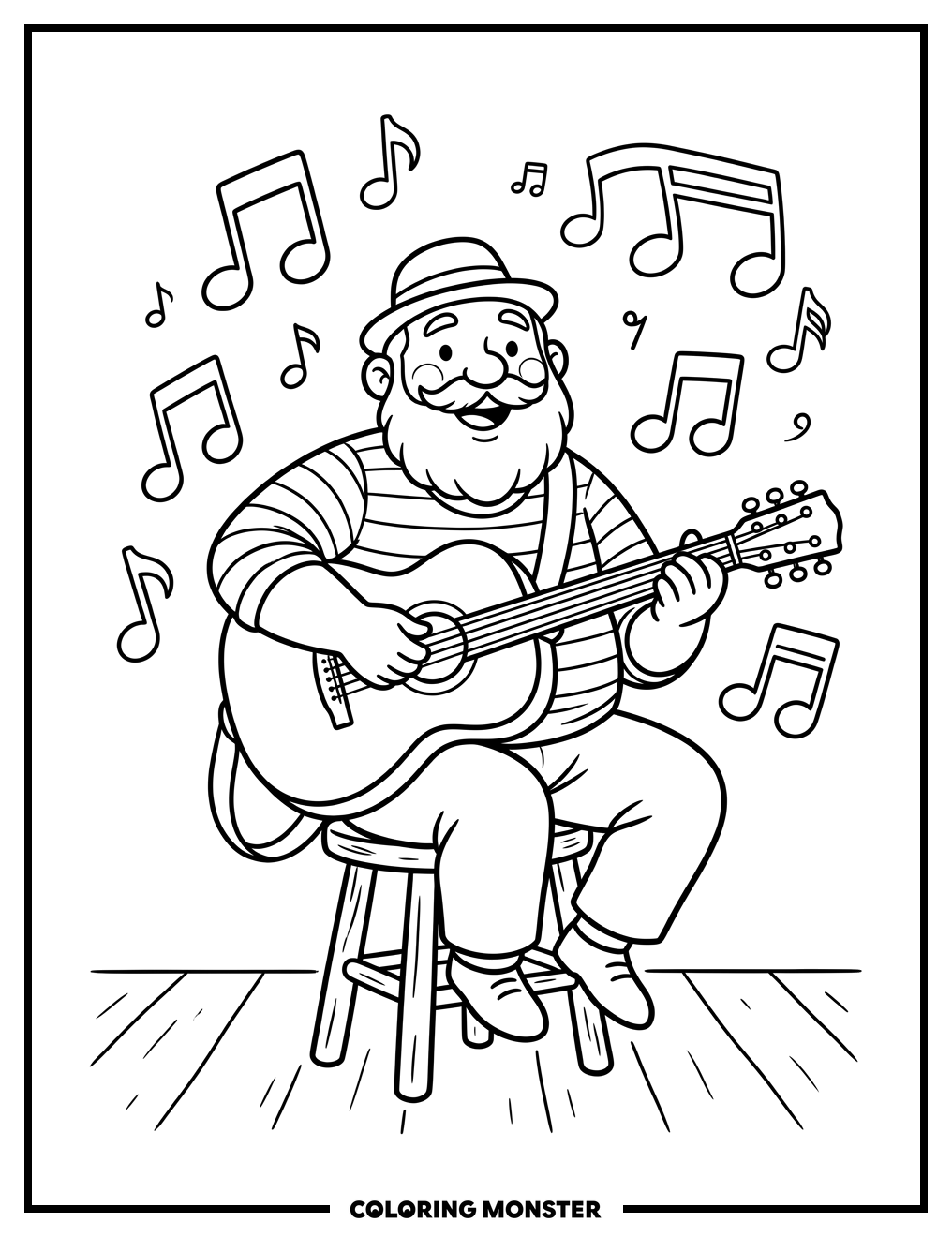 Man Strumming Guitar with Musical Notes Coloring Page