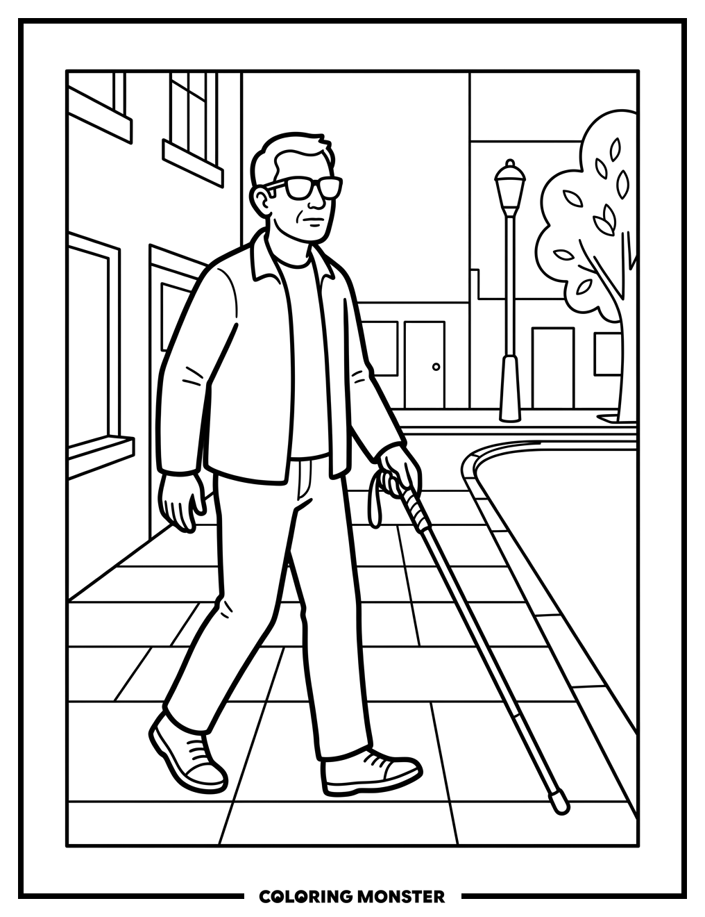 Man Walking With White Cane Coloring Page