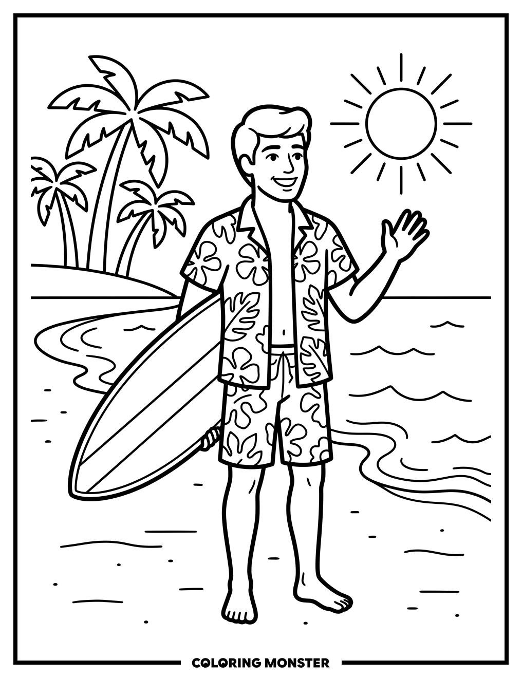 Man with Surfboard on Sunny Beach Coloring Page