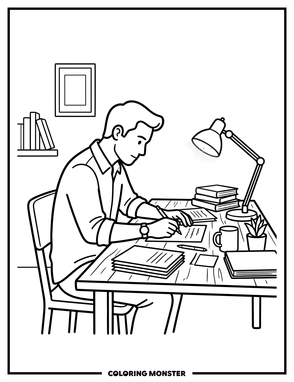 Man Working at Desk Coloring Page