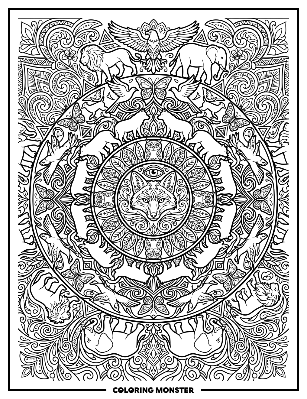 Mandala with Stylized Animals Coloring Page