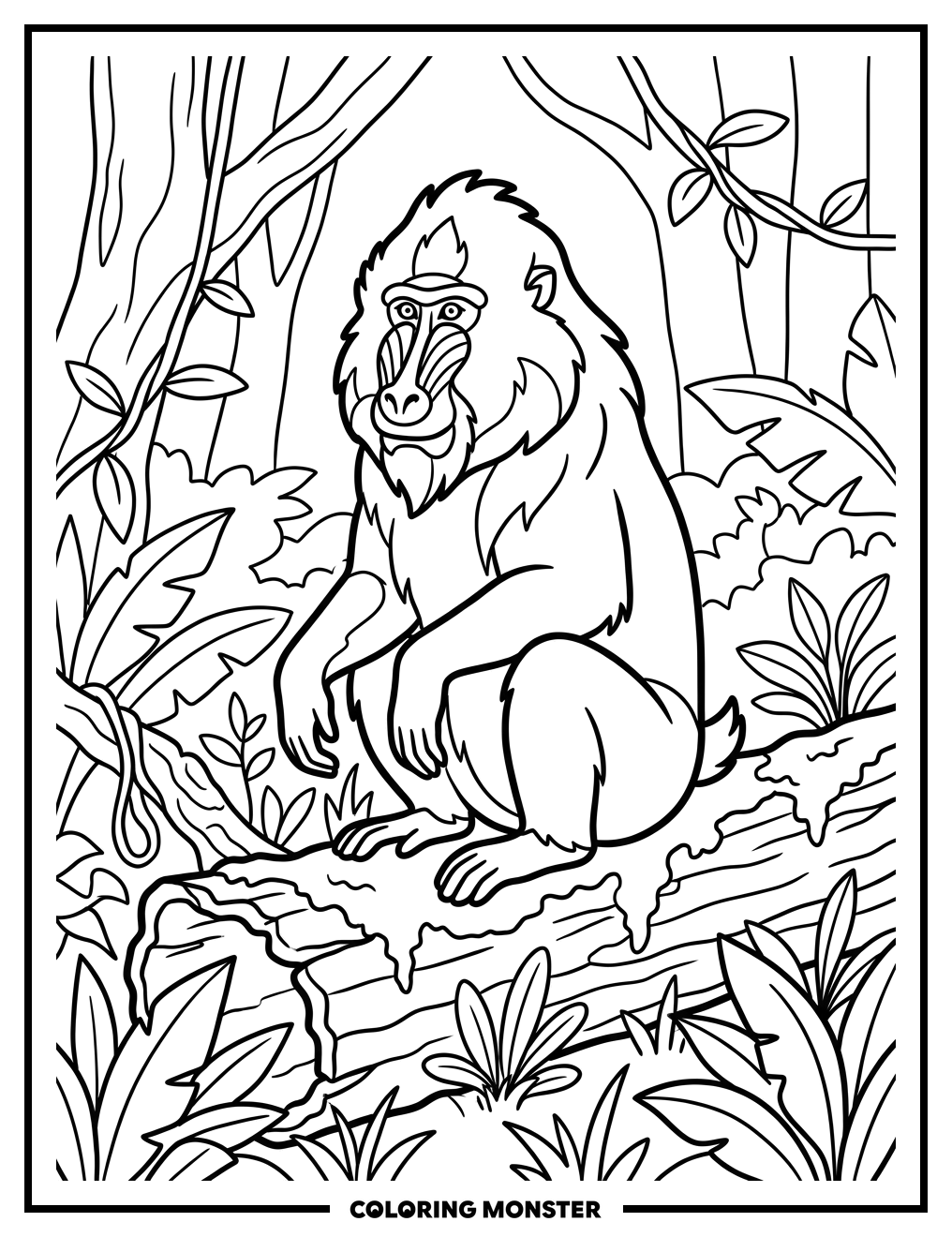 Mandrill on a Mossy Log Coloring Page