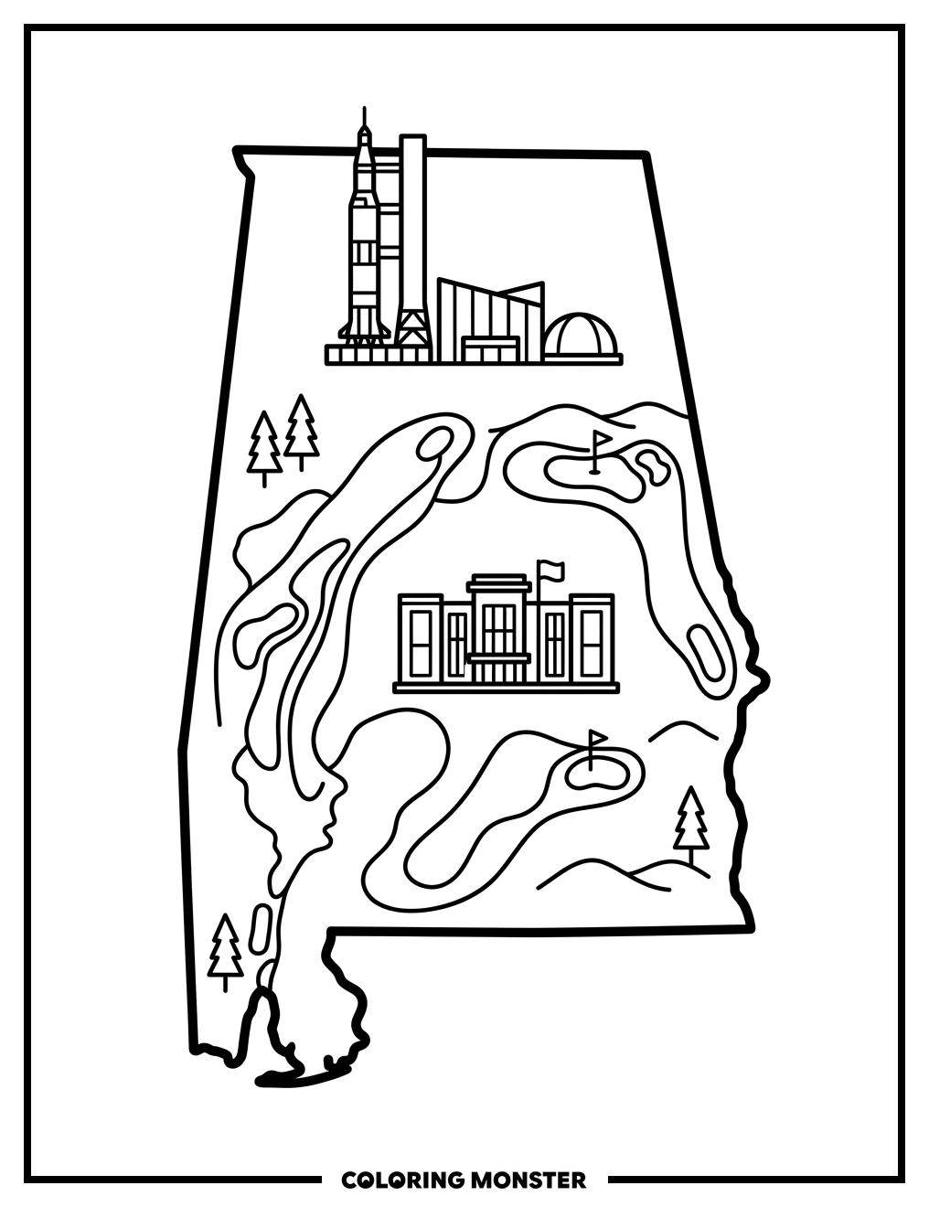 Map of Alabama with Landmarks Coloring Page