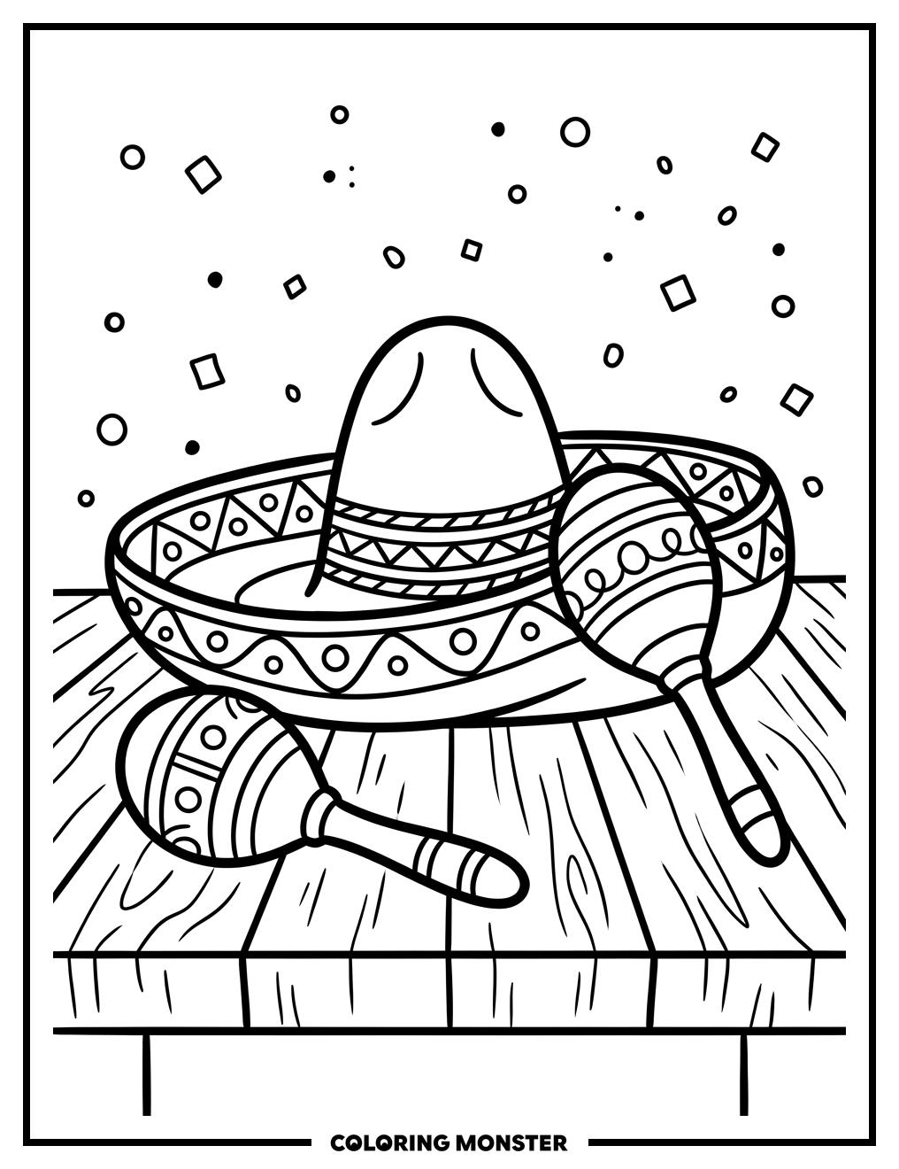 Maracas and Sombrero on Table Coloring Page