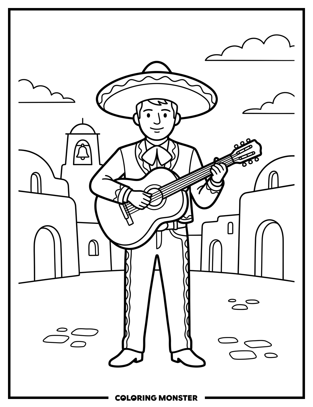 Mariachi Musician Playing Guitar Coloring Page