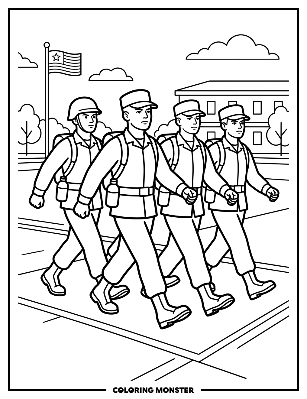 Marine Recruits Marching on Parade Ground Coloring Page