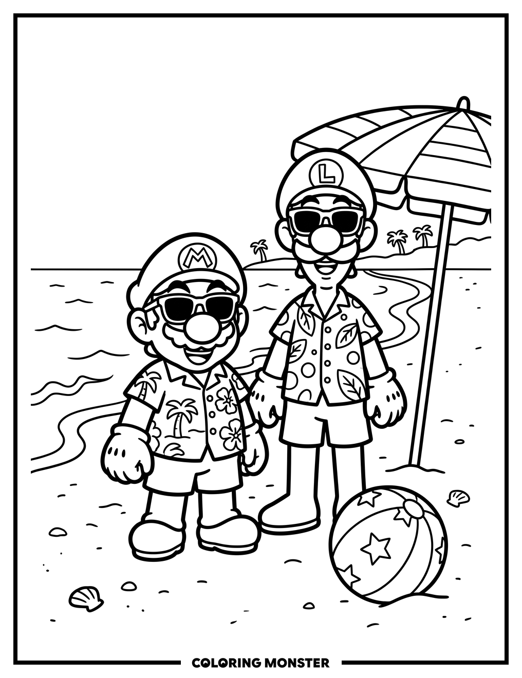 Mario and Luigi on the Beach Coloring Page