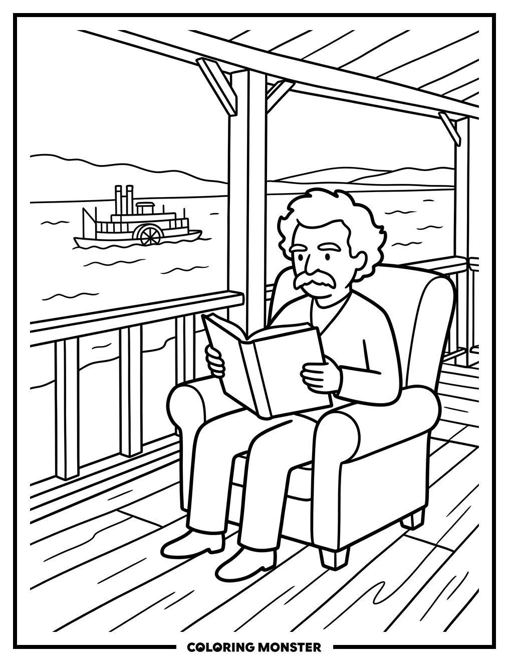 Mark Twain Reading on a Porch Coloring Page