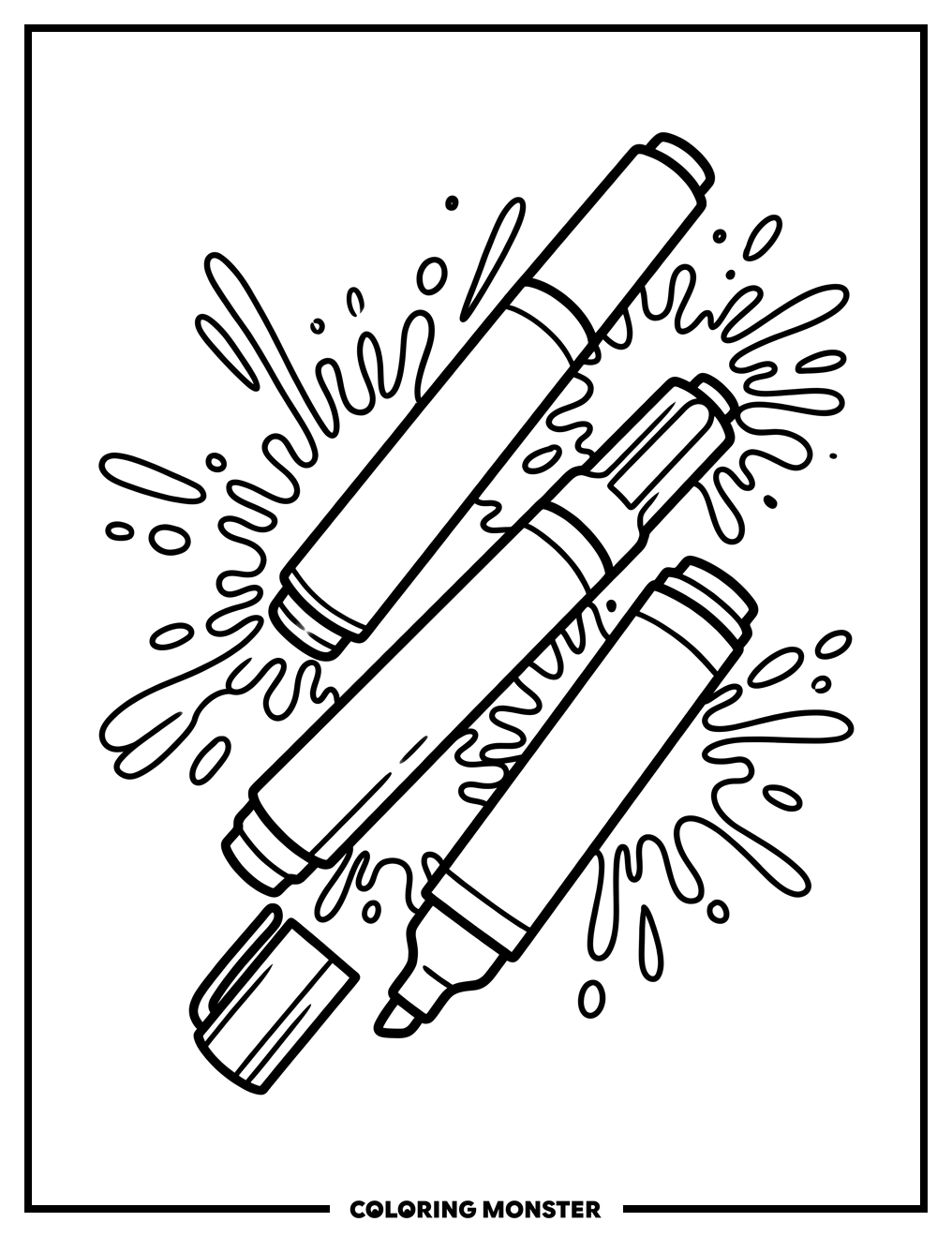 Markers and Ink Splatters Coloring Page