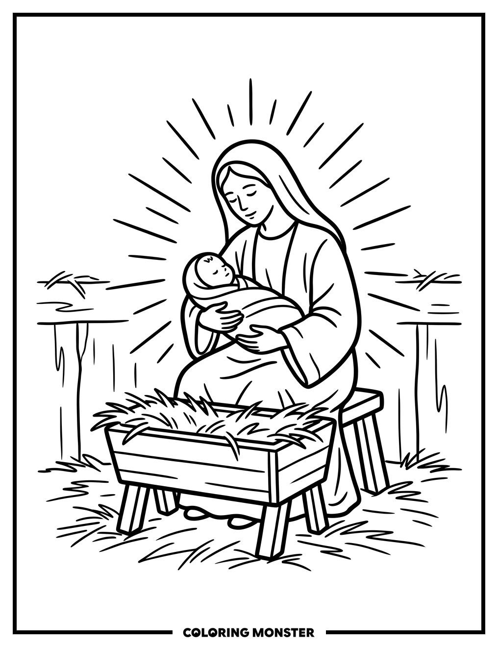 Mary and Baby Jesus in Manger Coloring Page