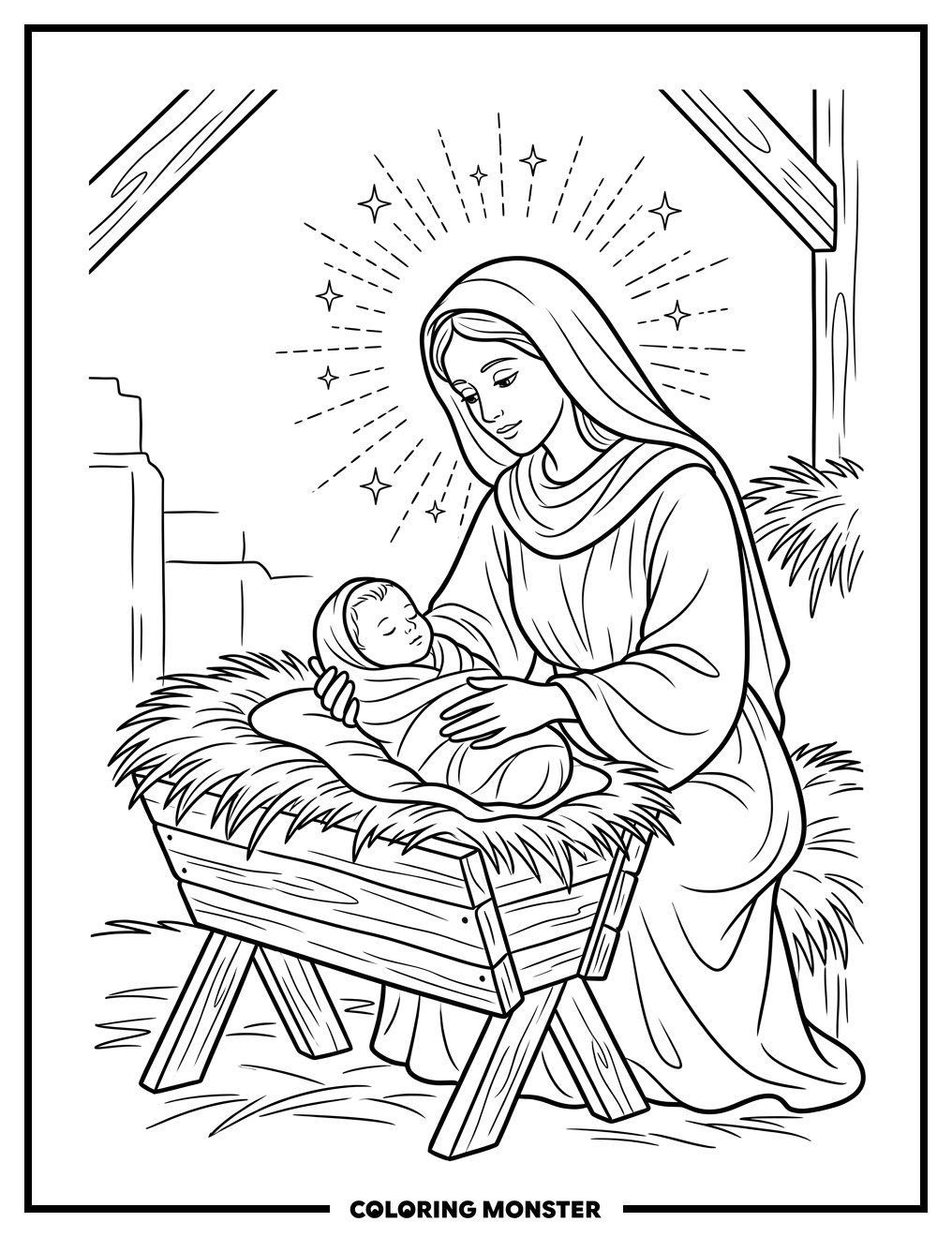 Mary and Baby Jesus in Manger Coloring Page