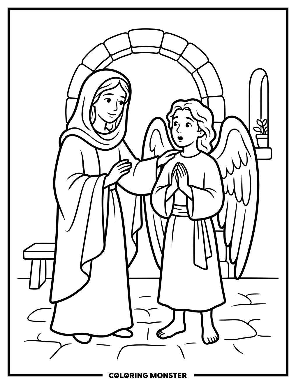 Mary Comforts Angel Gabriel Coloring Page