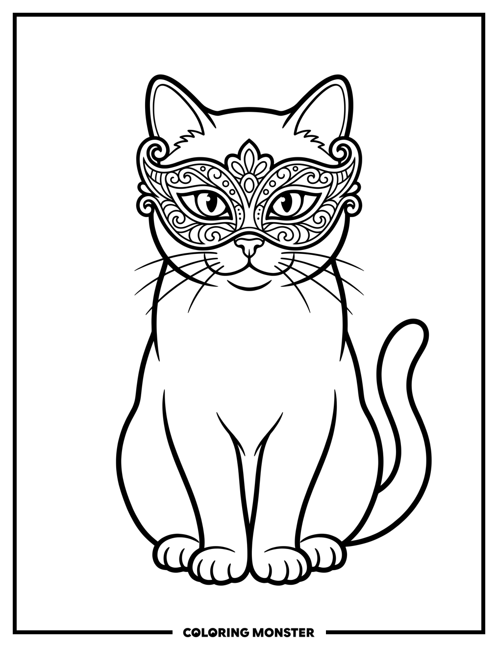 Masked Cat Portrait Coloring Page