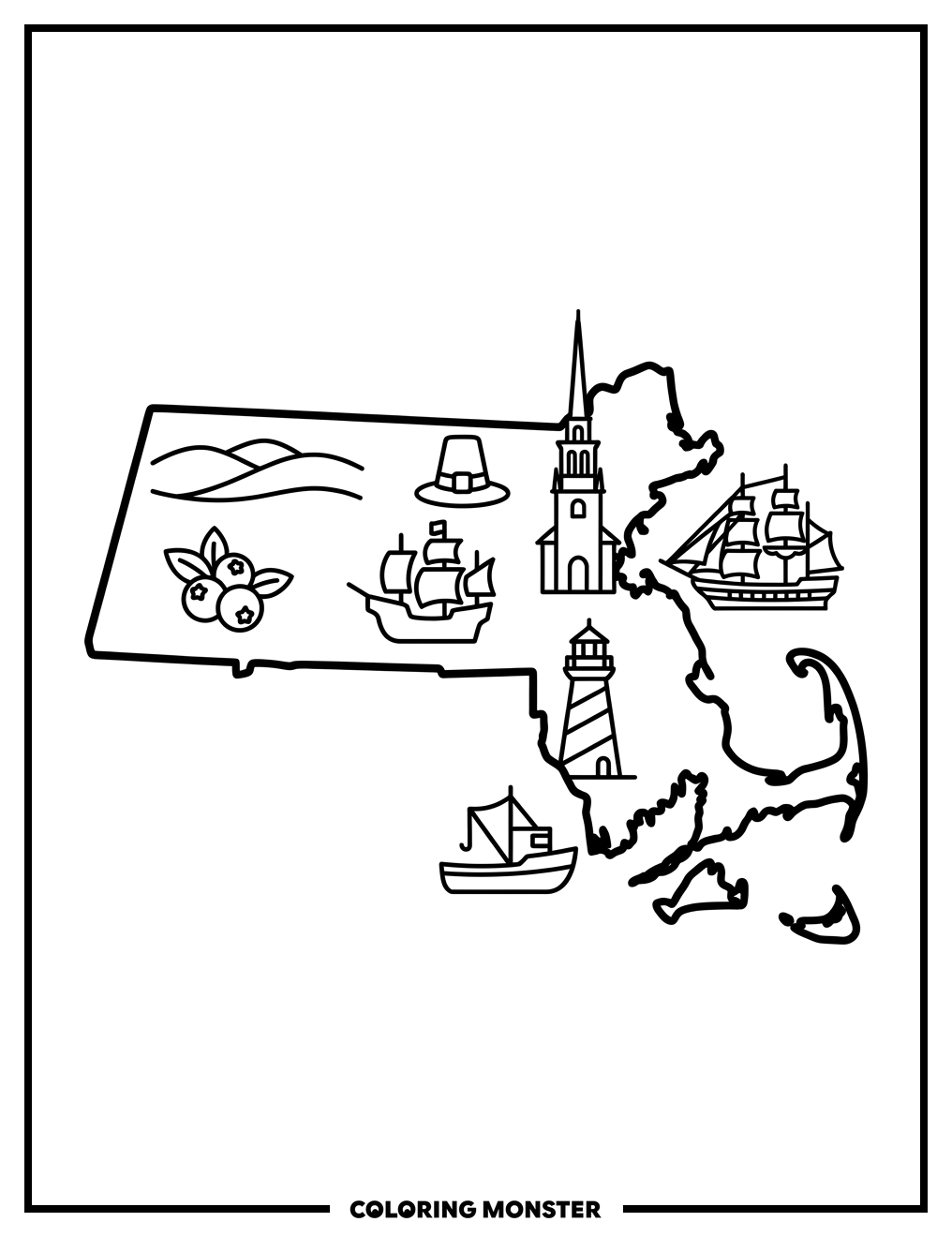 Massachusetts Landmarks Outline Coloring Page