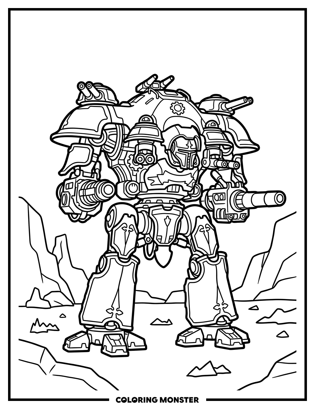 Massive War Robot on Rocky Plain Coloring Page