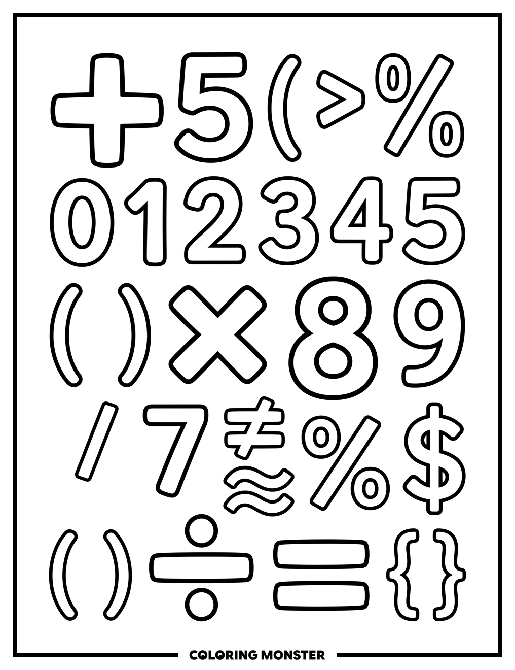 Math Symbols and Numbers Playground Coloring Page