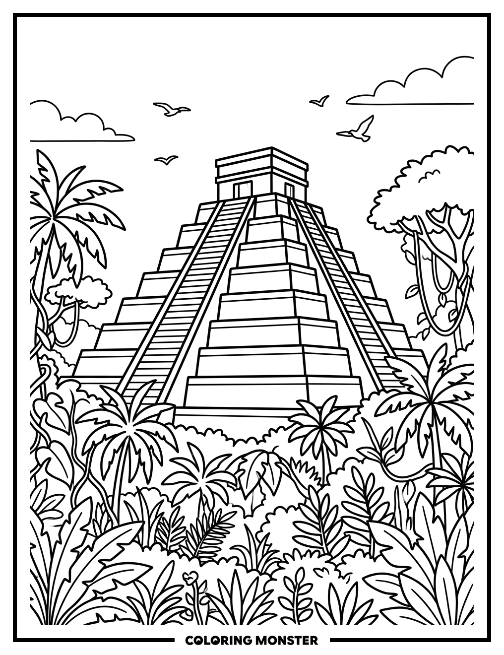 Mayan Pyramid In Jungle Coloring Page