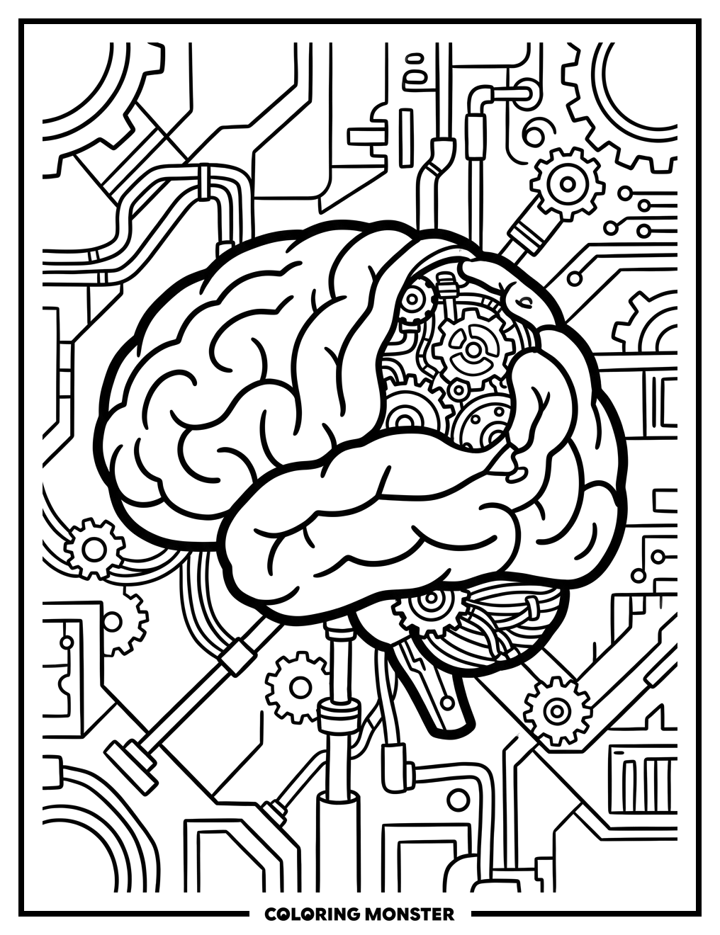 Mechanical Brain with Gears and Wires Coloring Page