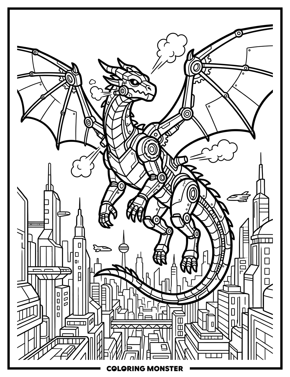 Mechanical Dragon Over Futuristic City Coloring Page