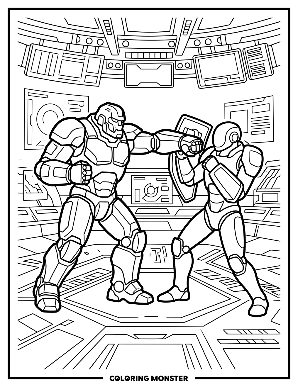 Mechs Fighting in Futuristic Arena Coloring Page