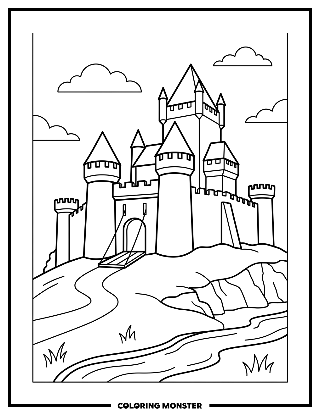 Medieval Castle on Hill Coloring Page