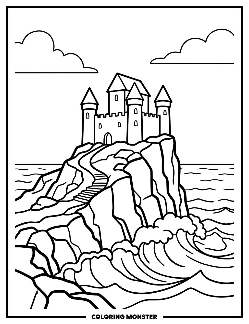 Medieval Castle On Rocky Cliff Coloring Page