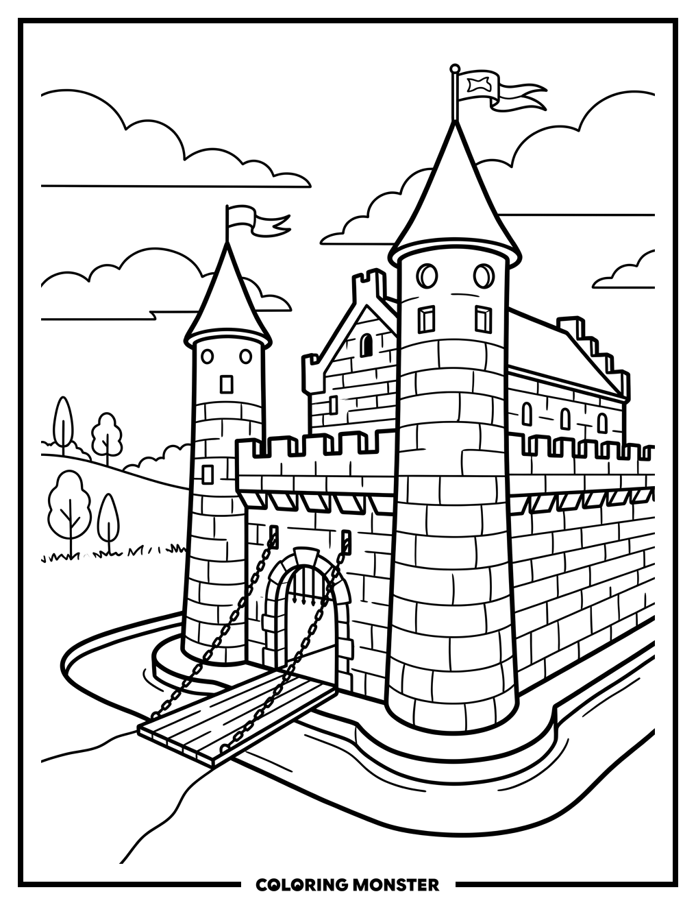 Medieval Castle with Flags Coloring Page