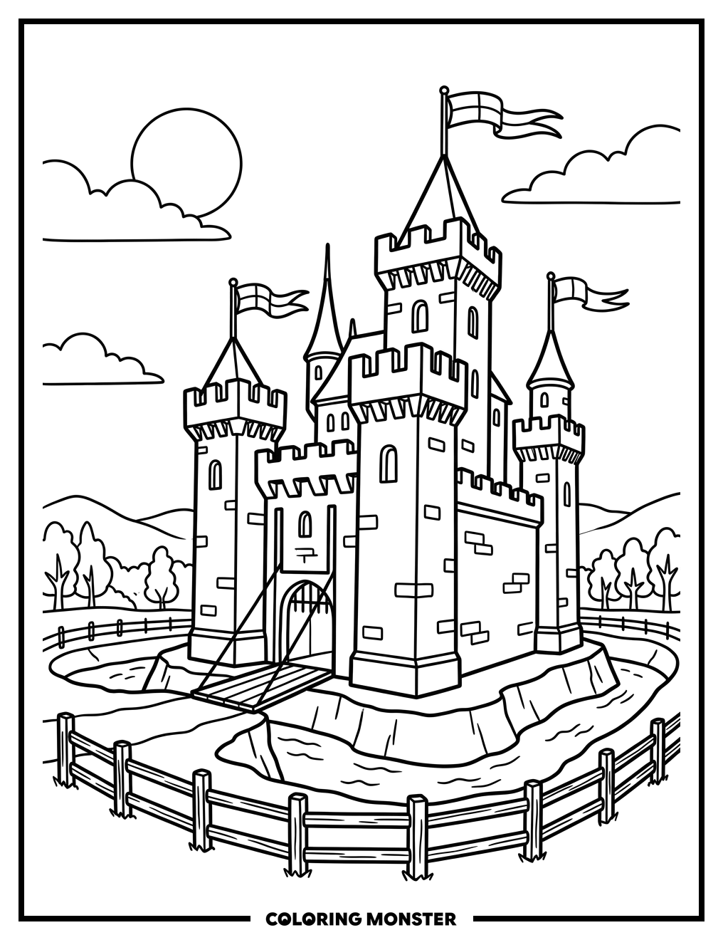 Medieval Castle with Towers Coloring Page