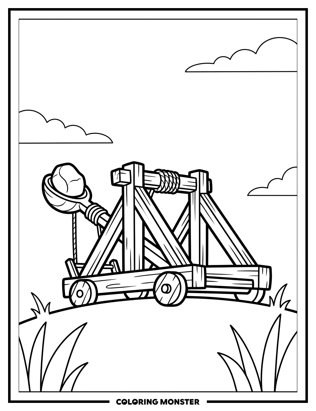 Medieval Catapult on Hill Coloring Page
