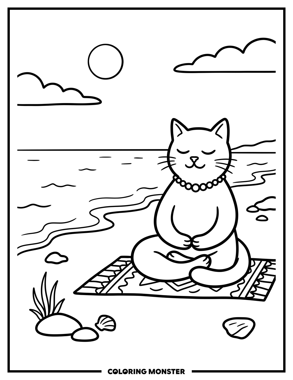 Meditating Cat on a Beach Coloring Page
