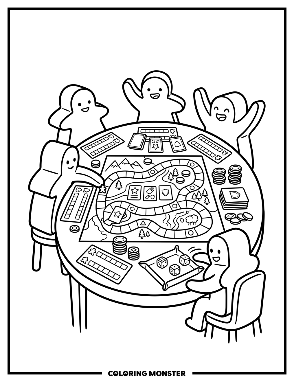 Meeples Play a Board Game Coloring Page