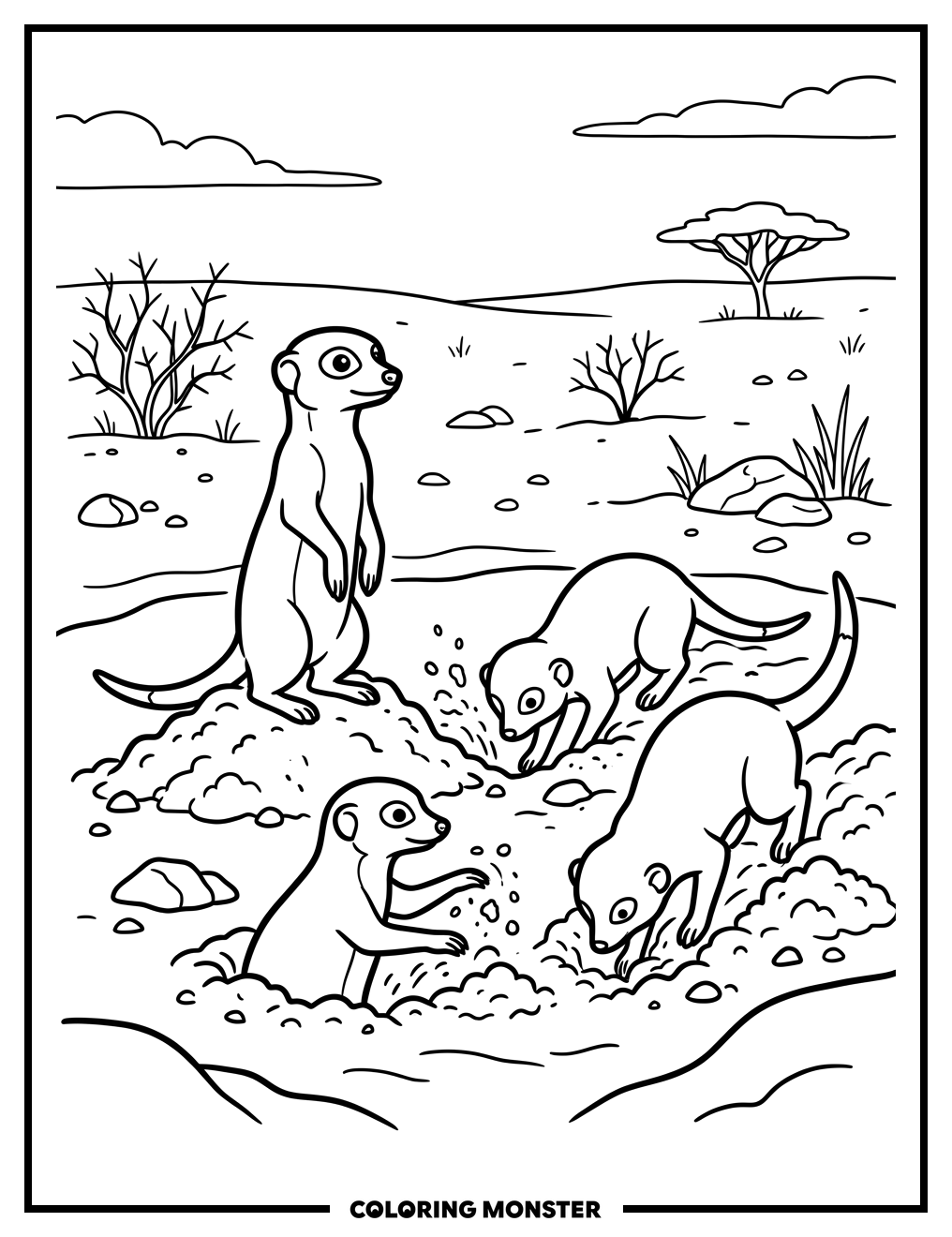 Meerkats Digging in the Desert Coloring Page
