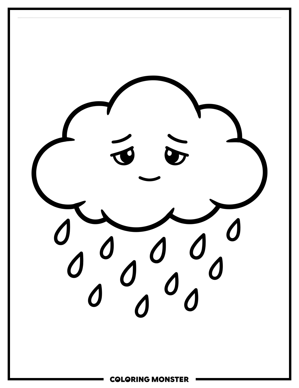 Melancholy Storm Cloud with Raindrops Coloring Page
