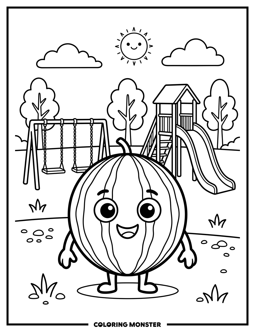 Melon Character on Playground Coloring Page