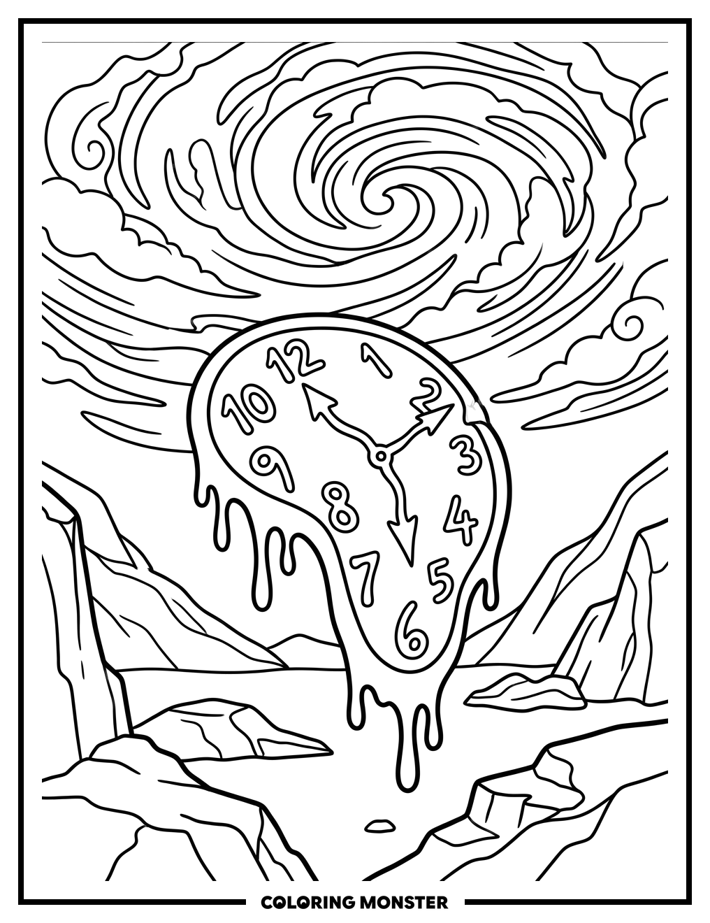 Melting Clock Surreal Landscape Coloring Page