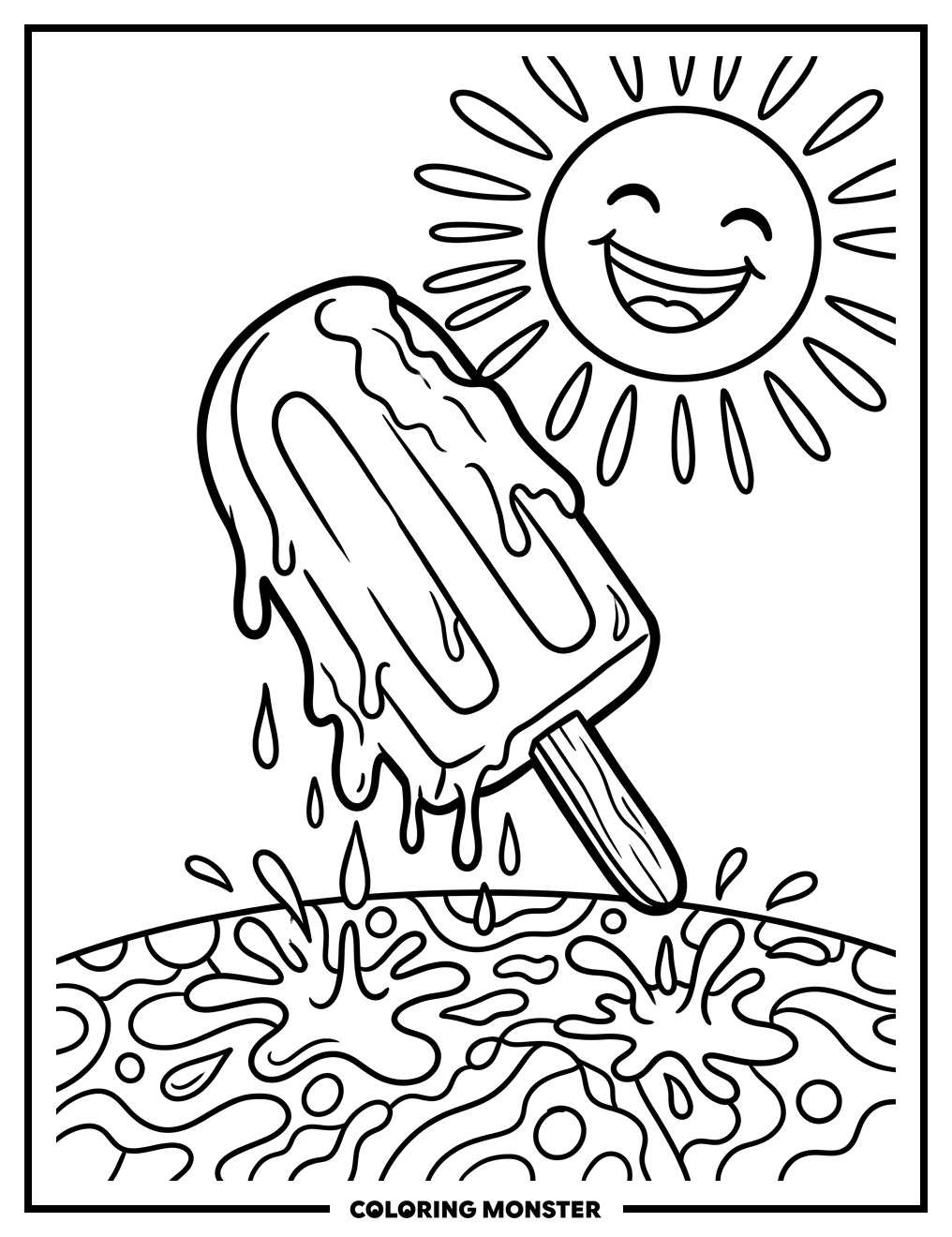 Melting Popsicle and Sun Coloring Page