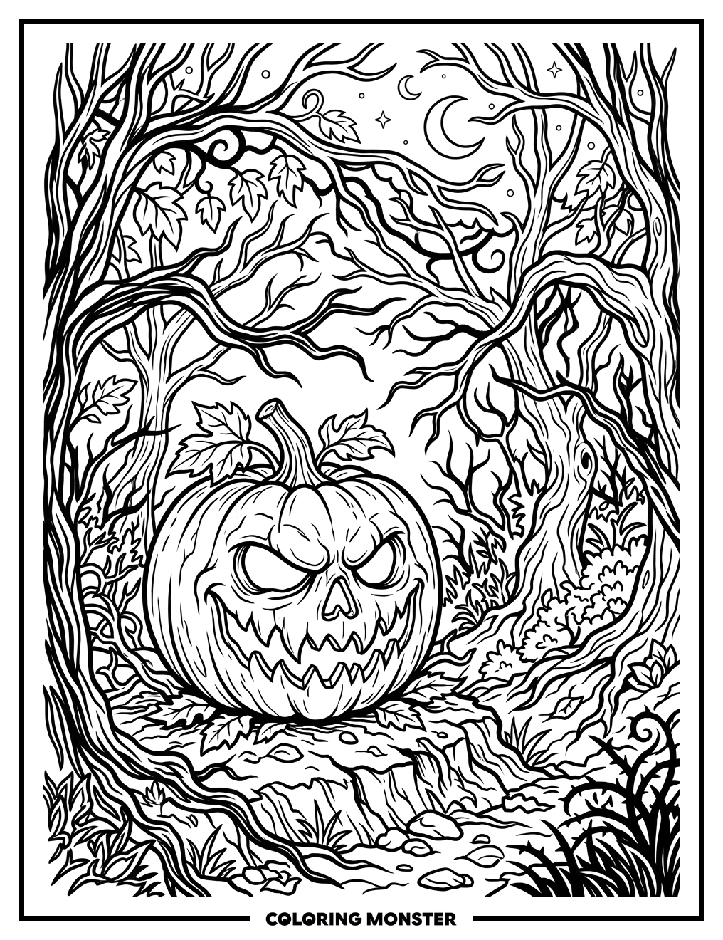 Menacing Jack-o'-Lantern in Spooky Forest Coloring Page